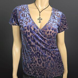 Y2K Blue Leopard Flocked Velvet Burnout Sheer Mesh Top Size M V Neck